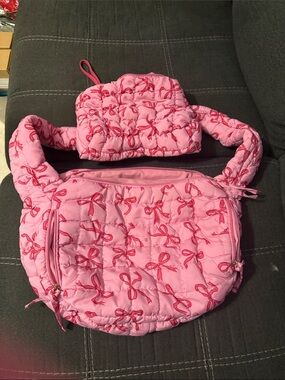 Matching Quilted Pink Bow Crossbody Bag and Mini Pouch